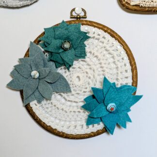 cadre rond avec dentelles écrues vintage upcyclées avec trois fleurs en feutrine de laine dans les tons turquoise. Article fait-main par l'Atelier Jocha.